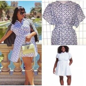 Alexis For Target Eyelet Dress Women Blue White Belted Tulip Sleev Embroidery 1X